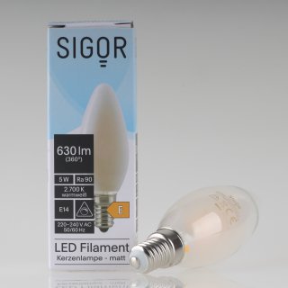 Sigor E14 LED Filament Kerzenlampe matt 5W = (50W) 630lm 2700K warmweiß dimmbar