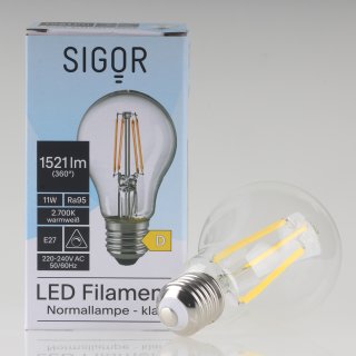 Sigor E27 LED Filament Leuchtmittel klar 11W=(100W) 220-240V 1521 lm 2700K warmweiß dimmbar