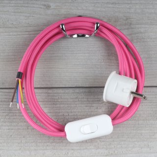 Textilkabel Anschlussleitung 2-5m pink Schalter u. Schutzkontakt Winkelstecker weiß