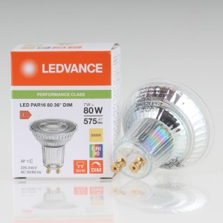 LEDVANCE GU10 PAR16 LED Leuchtmittel 7W=(80W) 3000K 575lm 36° dimmbar Reflektor-Lampe