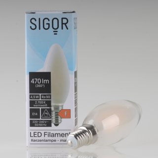 Sigor E14 LED Filament Kerzenlampe matt 4,5W = (40W) 470lm 2700K warmweiß dimmbar